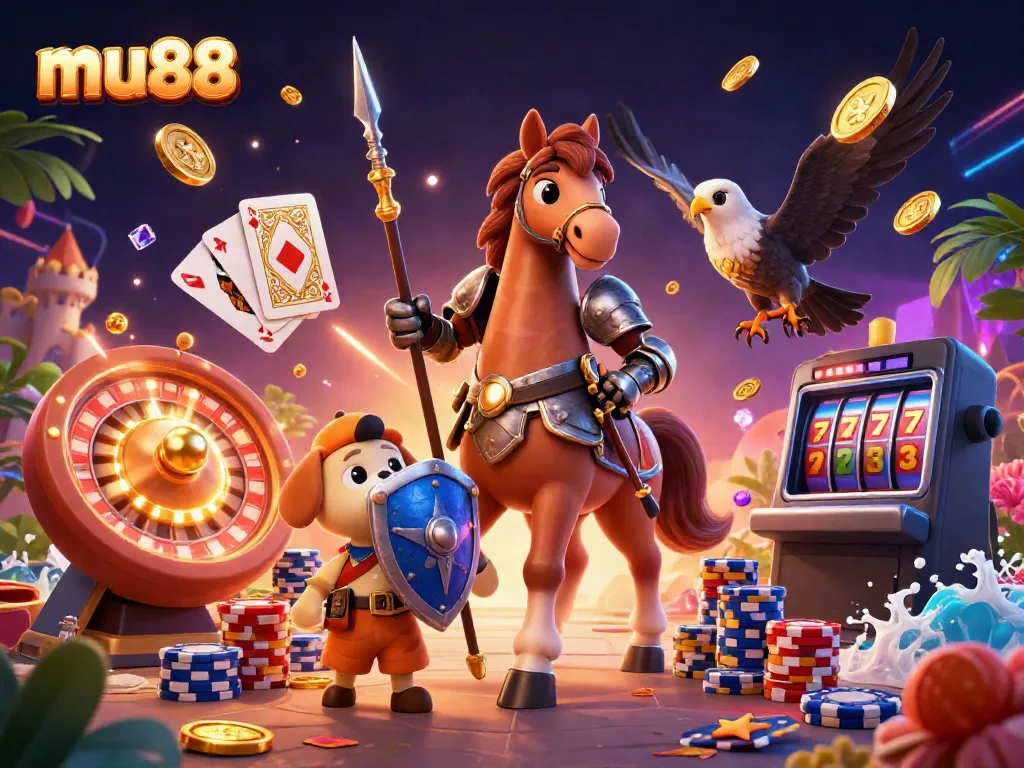 Experience big wins at mu88 with a dynamic casino adventure illustration featuring knights and treasures.