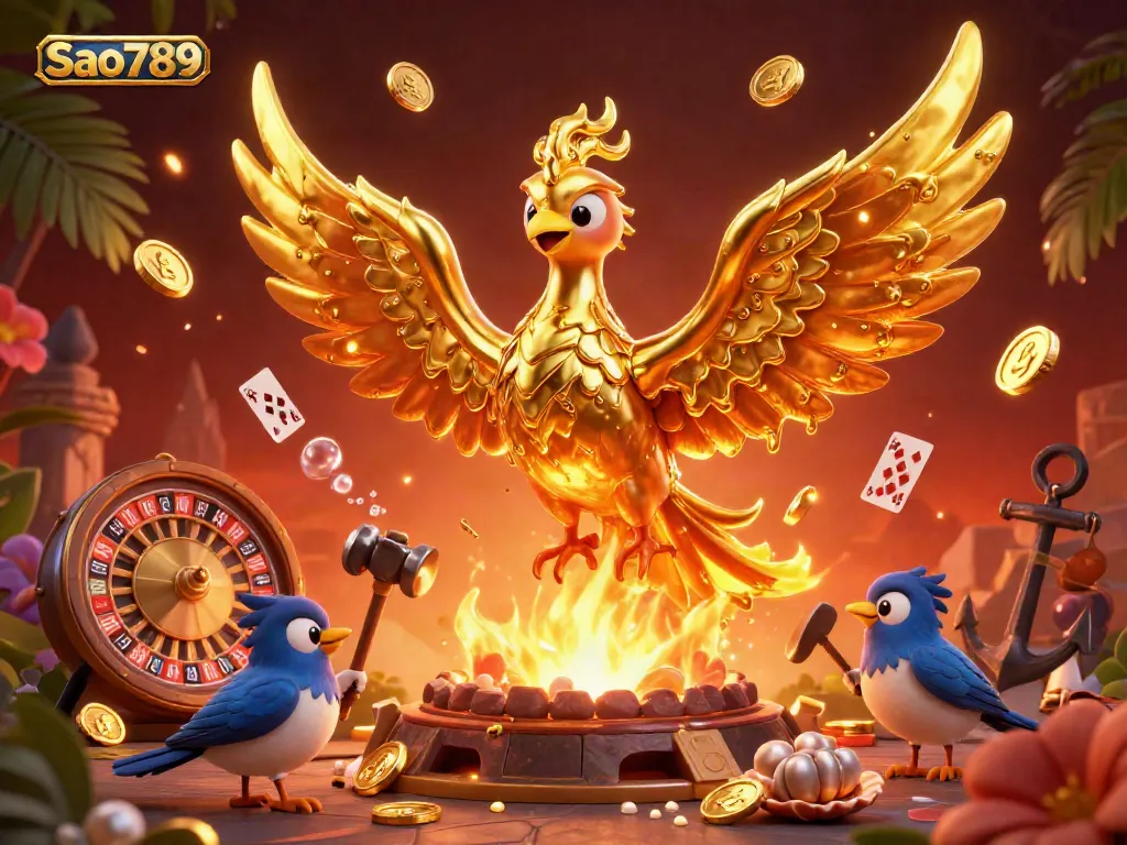 Sao789 engages players with a vibrant 3D casino scene featuring a golden phoenix and roulette elements.
