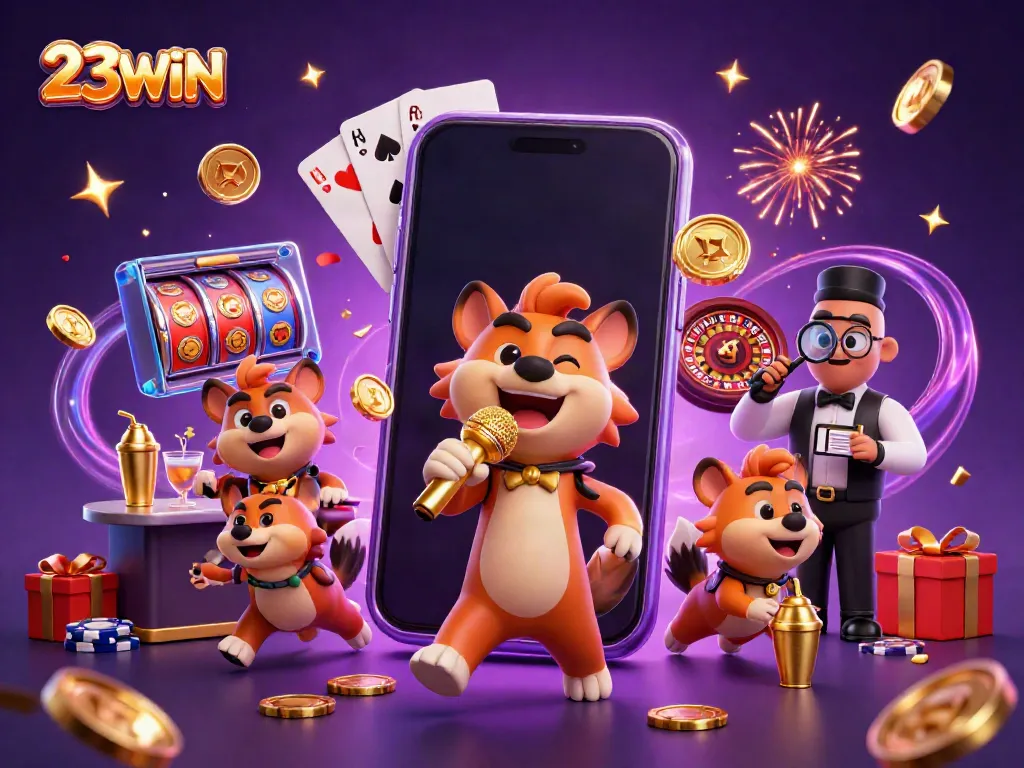 Experience the excitement of 23WIN casino with lively hyenas engaging in comedy, mixing drinks, and bouncer duties amidst vibrant gaming visuals.
