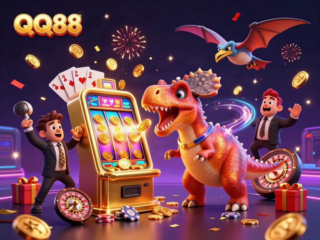 Experience the thrill of QQ88 as a pachycephalosaurus wins jackpot coins from a slot machine.