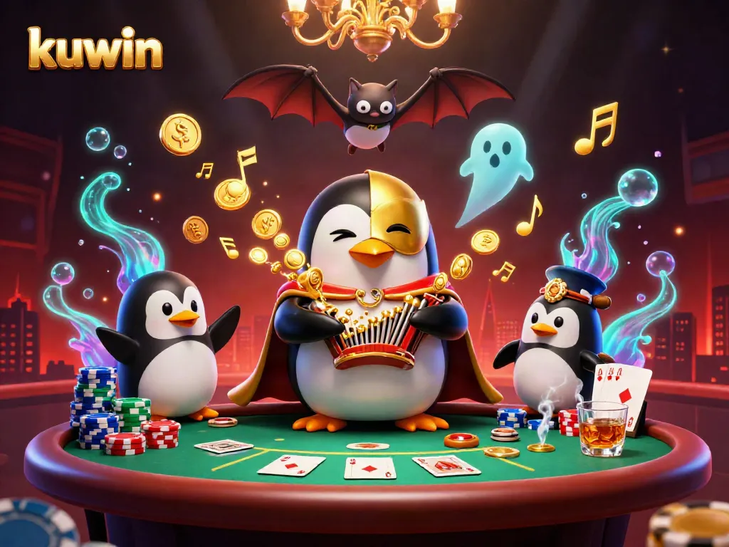 Experience the thrill of kuwin with our vibrant 3D casino scene including a penguin, poker elements, and golden coins.