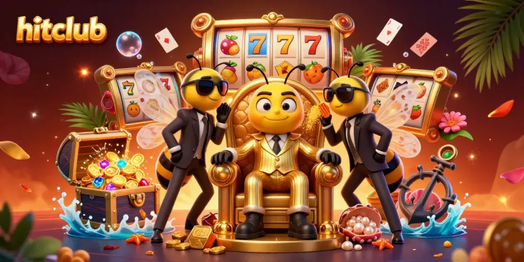 Experience the vibrant action at Hitclub with a 3D portrayal of characters amid slot machines, treasure, and casino elements.