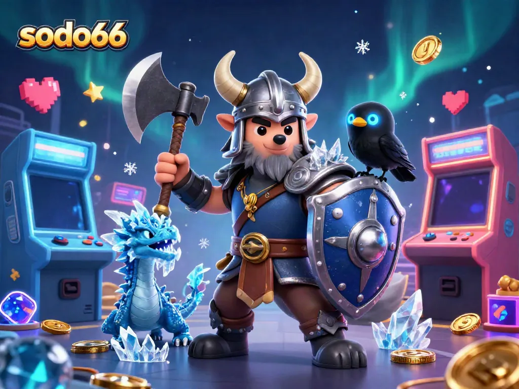 Immerse in the thrilling world of sodo66 with a heroic Viking wolf, fierce dragon, and glowing raven amid vibrant casino visuals.