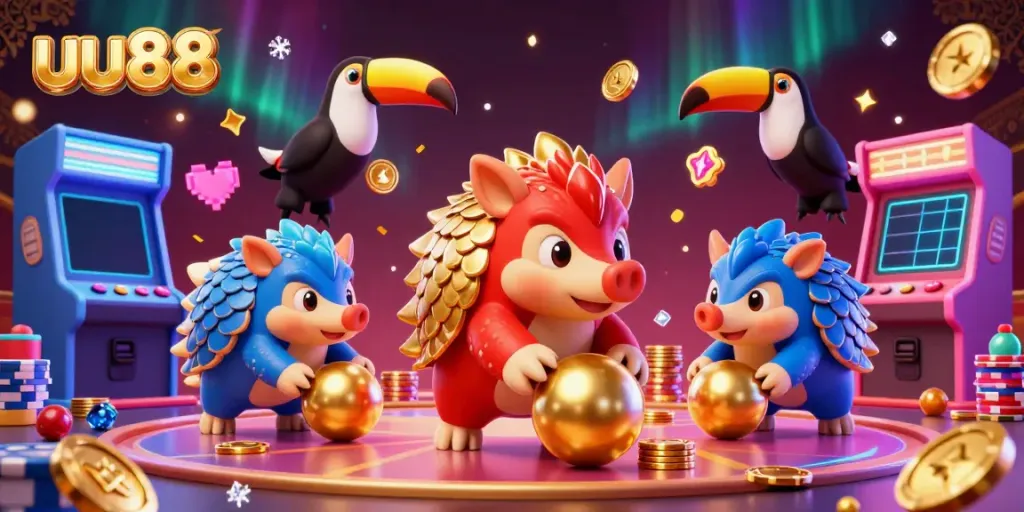 uu88 gameplay scene with pangolins in armor, casino chips, and arcade machines