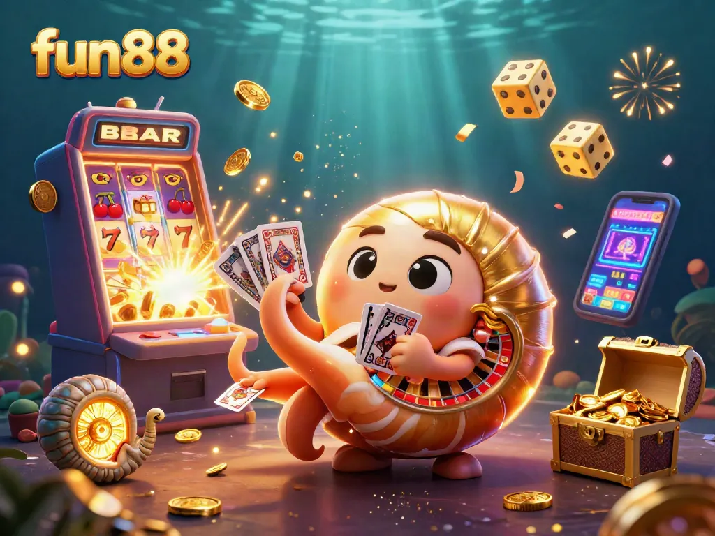 Experience exciting fun88 casino action with a giant nautilus, slot machines, and glowing treasures.