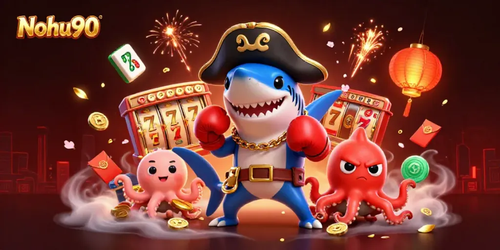 Nohu90 showcases a lively gambling scene with a pirate shark, a boxing pufferfish, and an octopus holding coins.