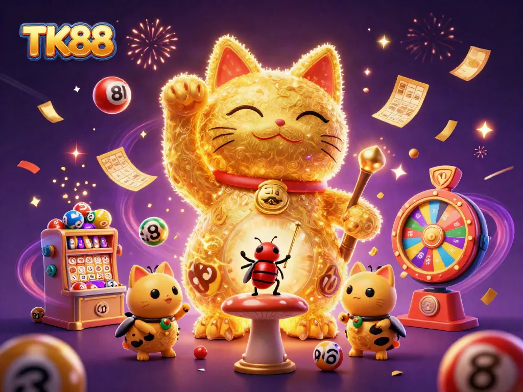 Experience the thrilling world of TK88 with golden fireflies forming a lucky cat in a vibrant casino scene.