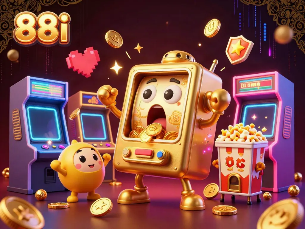 88i golden slot machine hits a jackpot with coins spilling, cheering baby slots, and arcade elements.