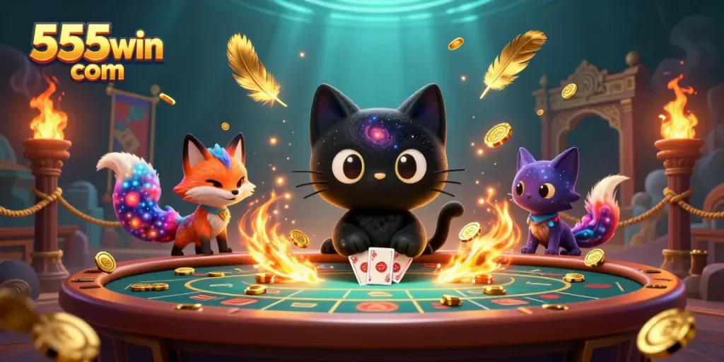 Experience the cosmic allure of 555win com with a black hole cat captivating players at a vibrant casino table.