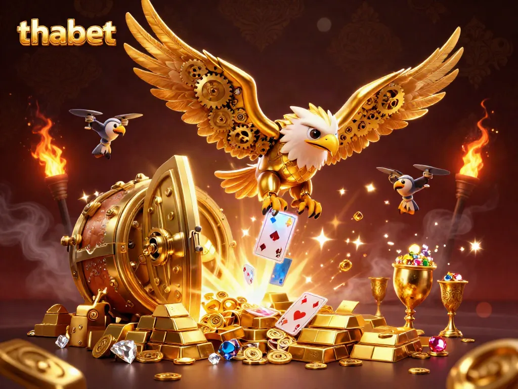 Experience thabet's immersive gaming with a golden eagle soaring through vibrant holographic cards.