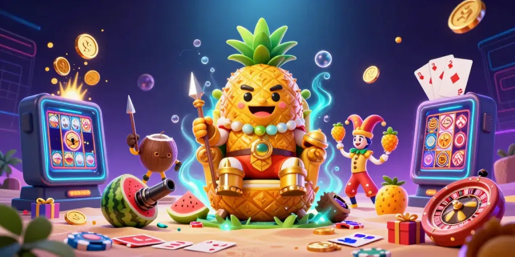 SUNWIN engages players with an exciting 3D casino scene featuring a golden pineapple king and colorful game elements.