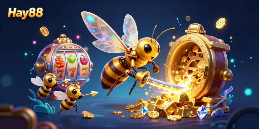 Engage in thrilling gameplay at Hay88 with vibrant slot machines and golden treasures overflowing in a fantastical scene.