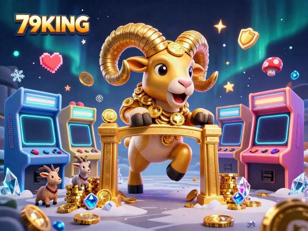 Engage in the thrilling dynamic scene of 79KING with animated casino elements and a charging golden ram.