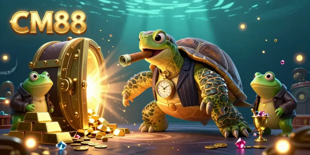 Experience thrilling gaming action at CM88 with a vibrant casino scene featuring animated characters and treasures.
