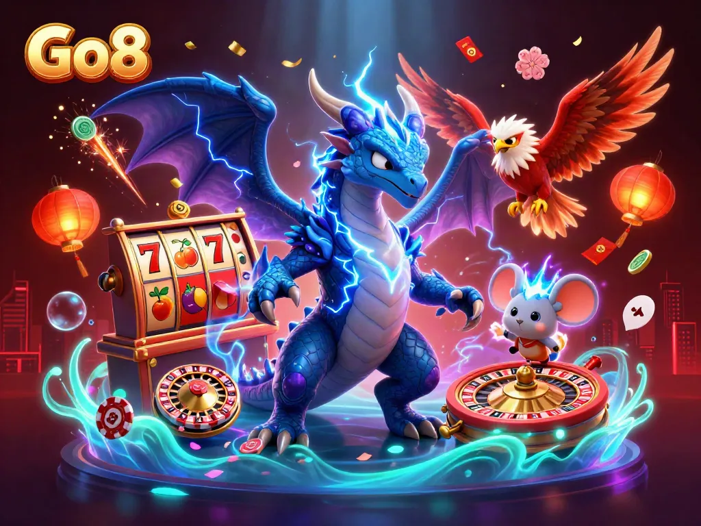 Go8 showcases a thrilling 3D casino-themed scene featuring electrifying characters and slot reels.
