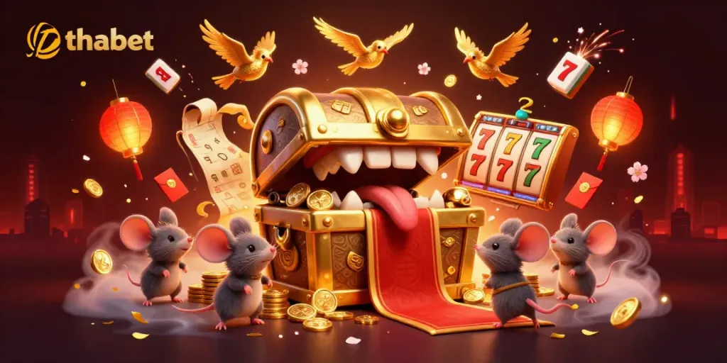 Engaging thabet casino scene with a treasure chest and vibrant gambling elements presenting an exciting gaming atmosphere.