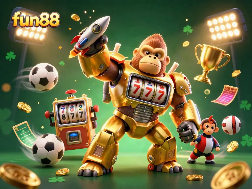 Experience the thrilling fun88 gaming platform with a dynamic golden gorilla mech and vibrant sports elements