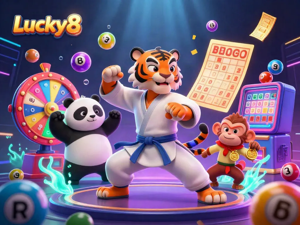 Engage in lottery excitement with Lucky8 as animated characters showcase vibrant game elements.