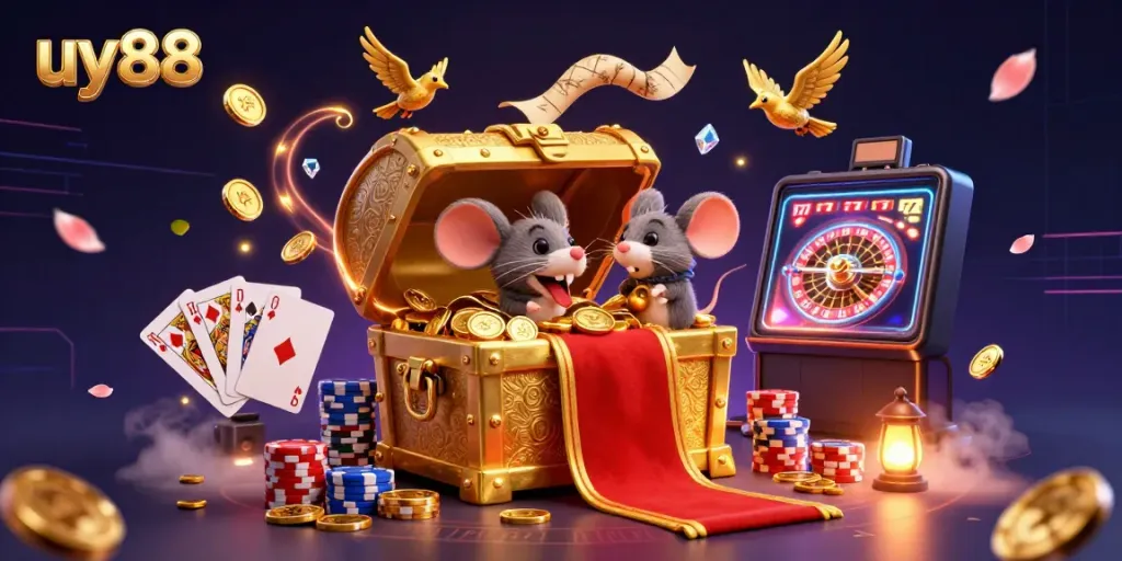 Experience gaming excitement with uy88, featuring a golden treasure chest alongside coins and cards in a vibrant casino scene.
