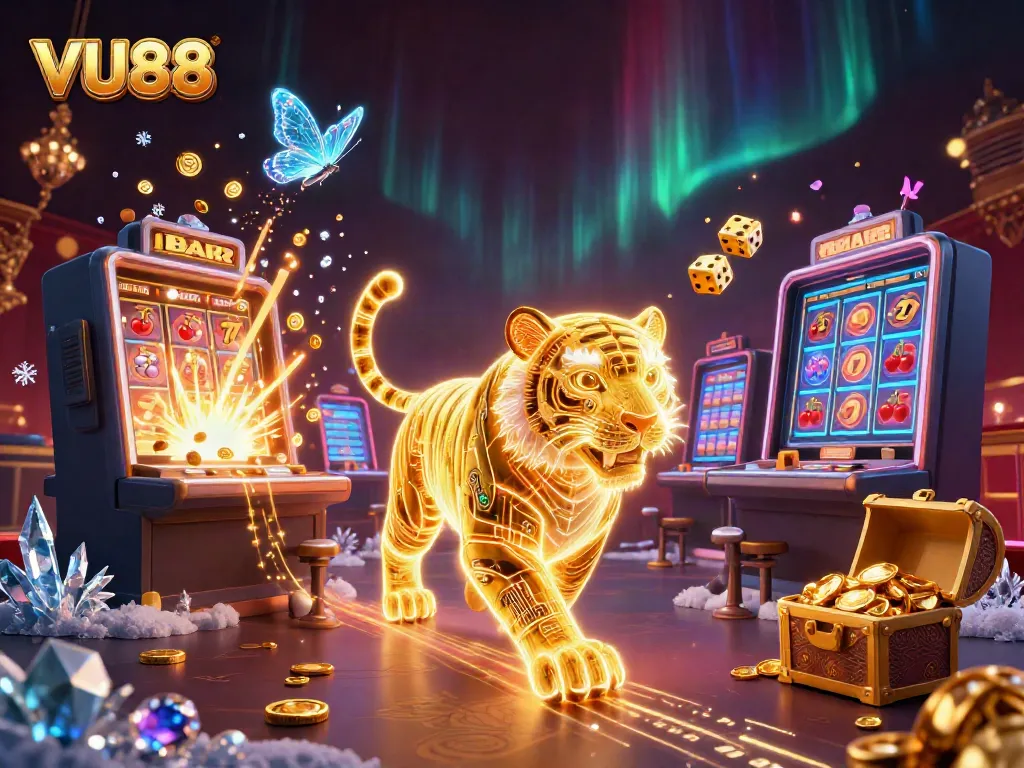 Engage with VU88's vibrant digital casino environment featuring a neon-wireframe golden tiger.