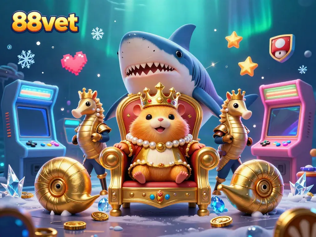 Engage with 88vbet's vibrant casino world featuring a golden hamster king and gaming machines.