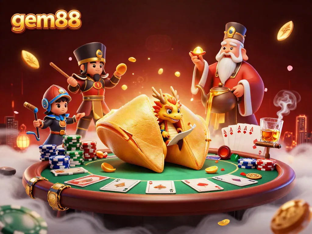 Experience the thrill of gem88 with this vibrant casino-themed 3D illustration featuring characters and gaming elements.